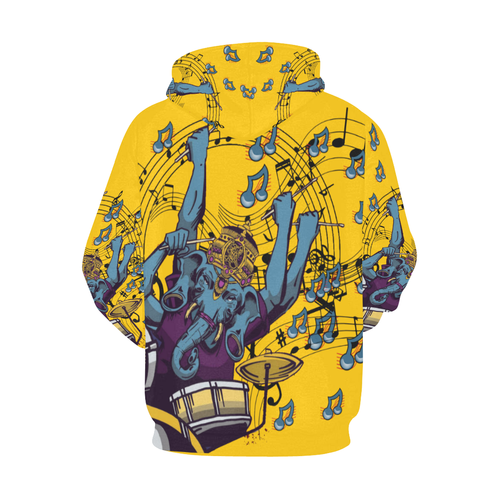 Ganesha Drummer Red Blue and Purple Music Theme  Yellow All Over Print Hoodie for Men/Large Size (USA Size) (Model H13)