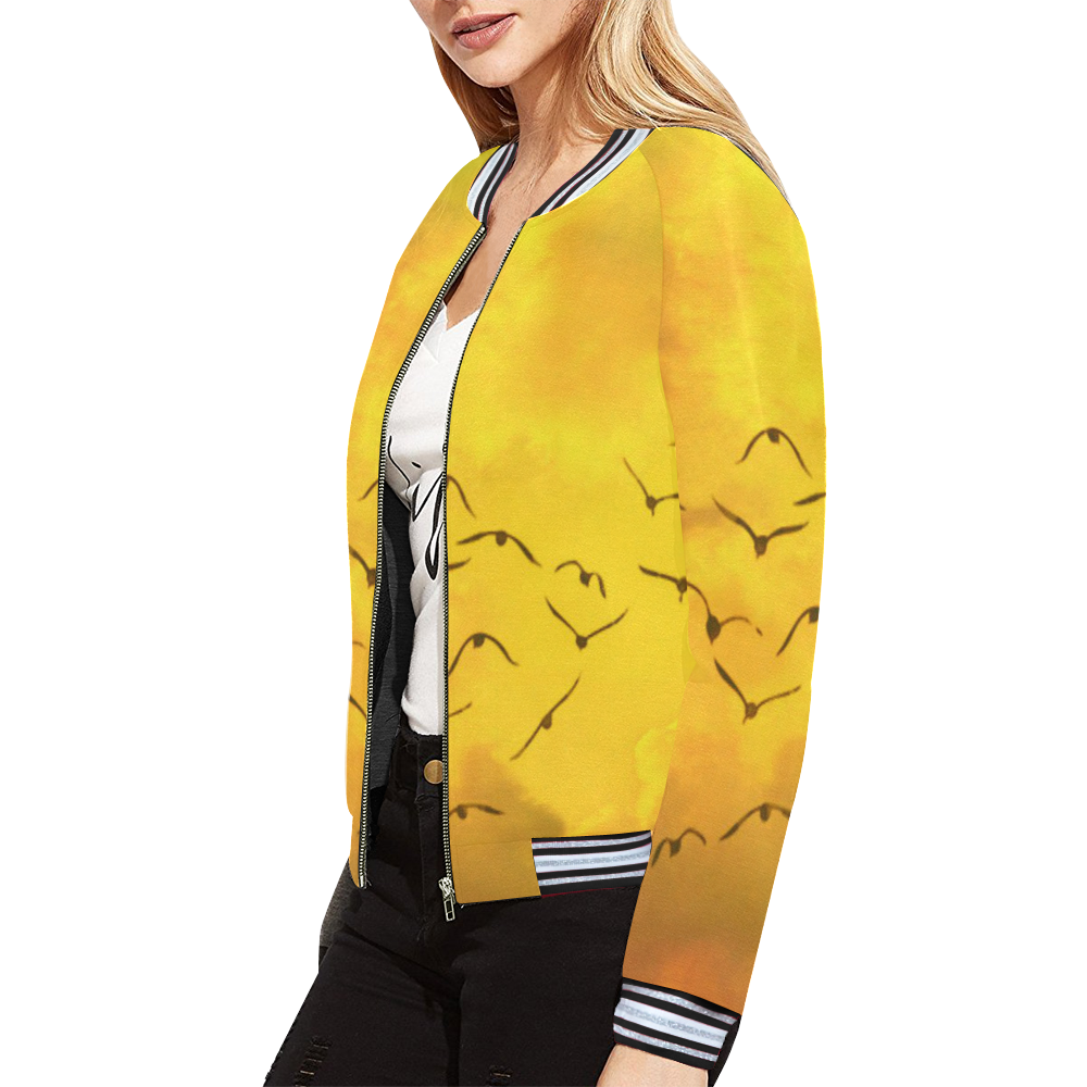 Trendy Birds, yellow by JamColors All Over Print Bomber Jacket for Women (Model H21)