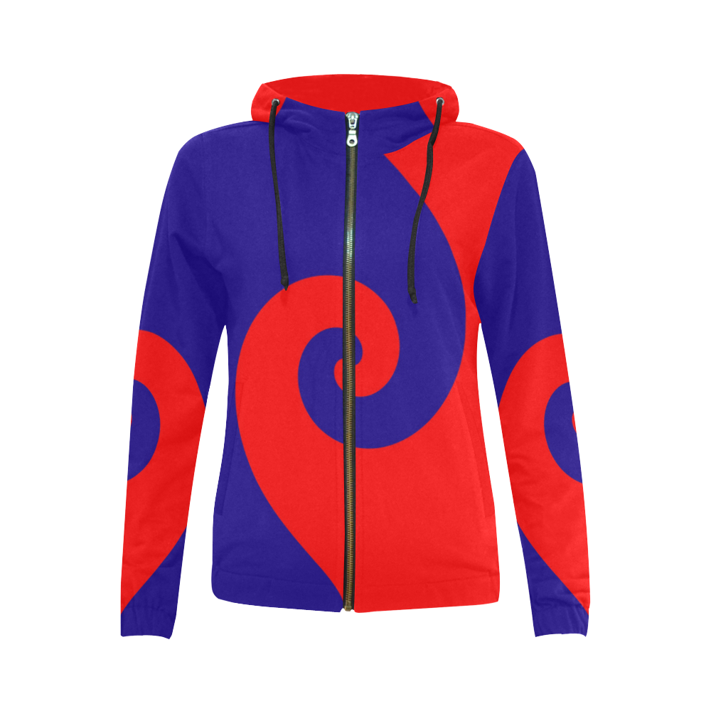 Mod Hippie Red and Blue Curlicue Swirls All Over Print Full Zip Hoodie for Women (Model H14)
