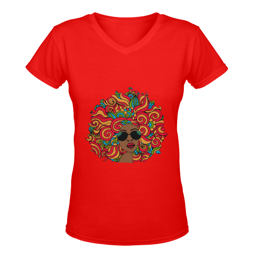 Afro Woman Zentagle Red Women's Deep V-neck T-shirt (Model T19)
