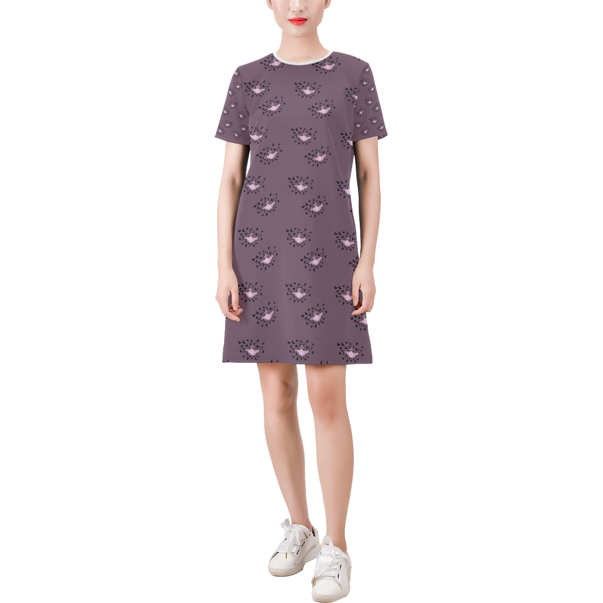 zodiac bat pink grey Short-Sleeve Round Neck A-Line Dress (Model D47)