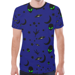 Alien Flying Saucers Stars Pattern on Blue New All Over Print T-shirt for Men/Large Size (Model T45)