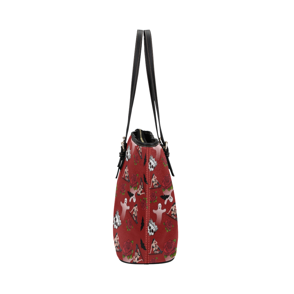 gothic woman rose bats pattern red Leather Tote Bag/Large (Model 1651)