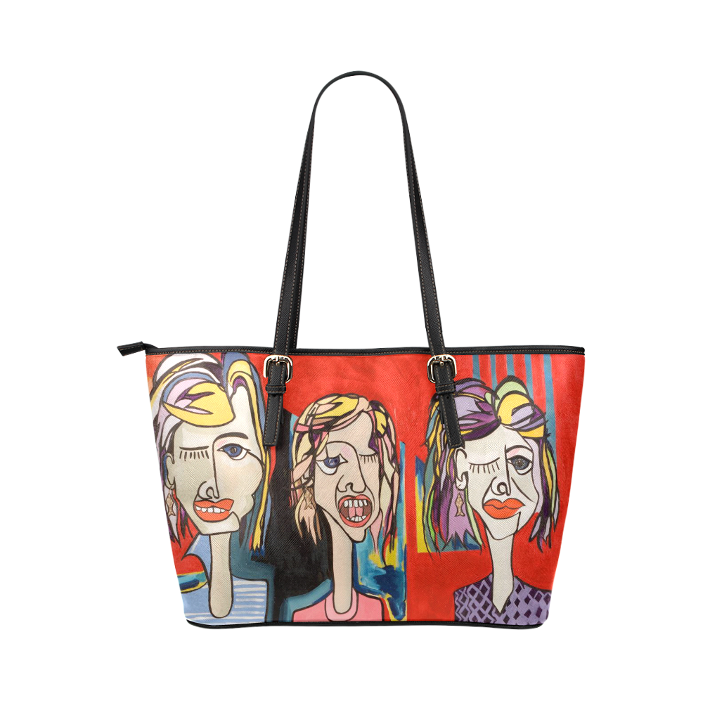 Womens Faces Abstract Leather Tote Bag/Small (Model 1651)