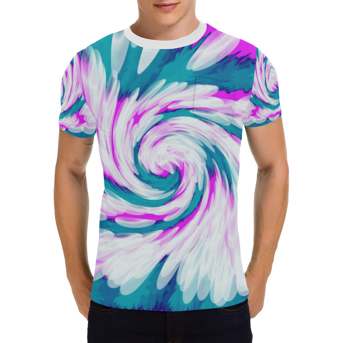 Turquoise Pink Tie Dye Swirl Abstract Men's All Over Print T-Shirt with Chest Pocket (Model T56)