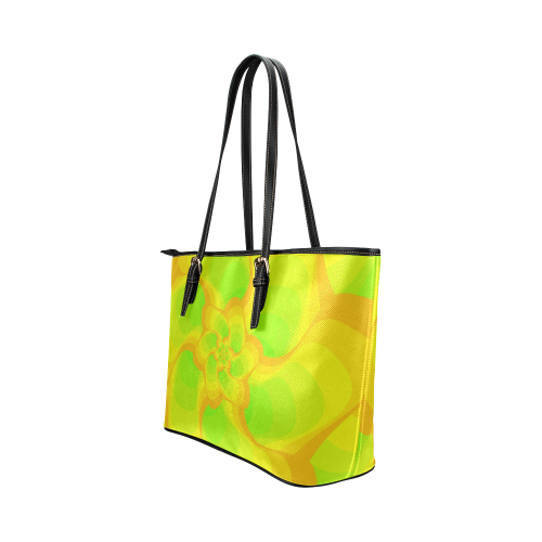Green yellow flower Leather Tote Bag/Small (Model 1651)