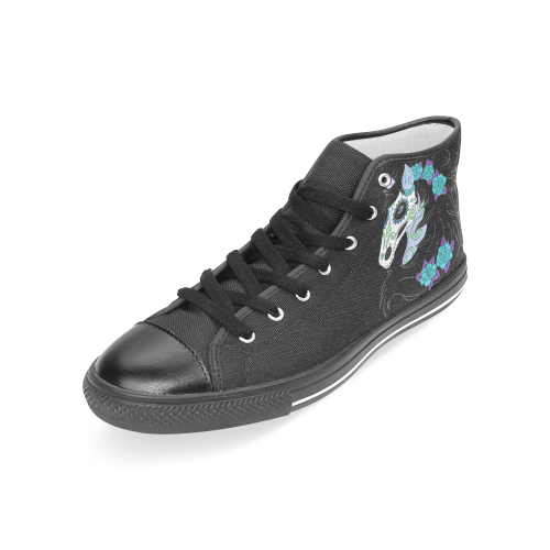 Sugar Skull Horse Turquoise Roses Black Women's Classic High Top Canvas Shoes (Model 017)
