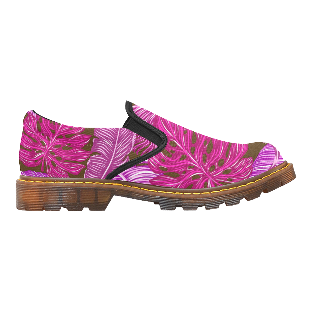 tropical pink leaves Martin Women's Slip-On Loafer/Large Size (Model 12031)