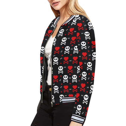Skull and Crossbones All Over Print Bomber Jacket for Women (Model H21)