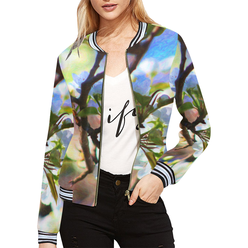 Pear Tree Blossoms All Over Print Bomber Jacket for Women (Model H21)