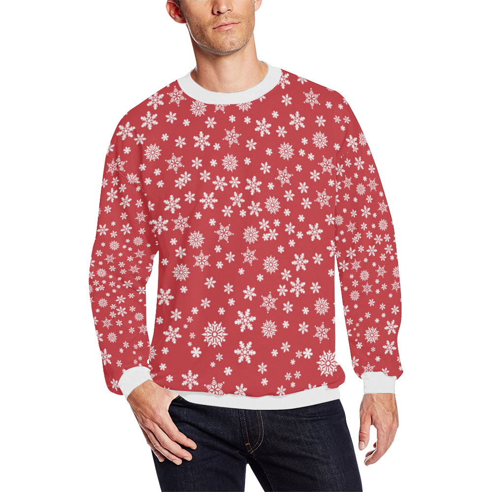 Christmas  White Snowflakes on Red All Over Print Crewneck Sweatshirt for Men (Model H18)