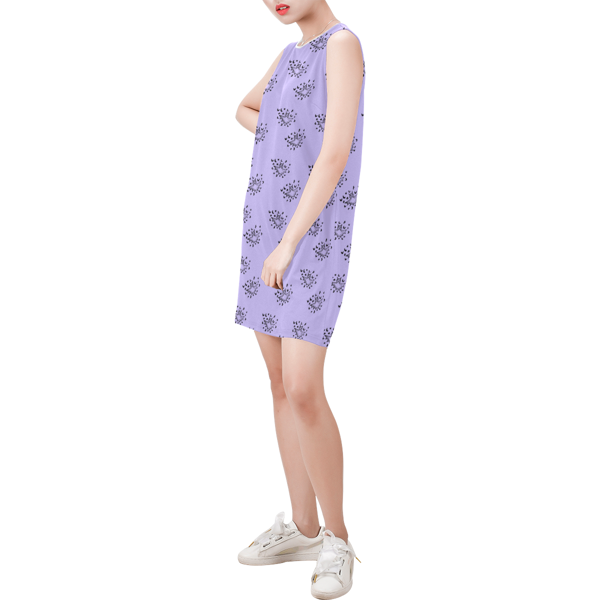 zodiac bat lilac Sleeveless Round Neck Shift Dress (Model D51)