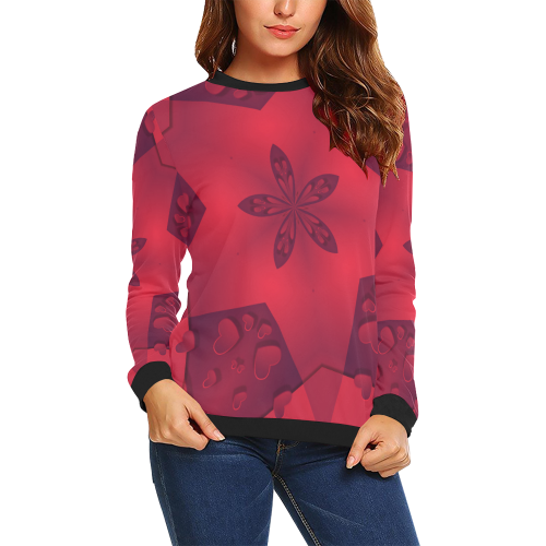 Love and Romance Red Star and Hearts All Over Print Crewneck Sweatshirt for Women (Model H18)