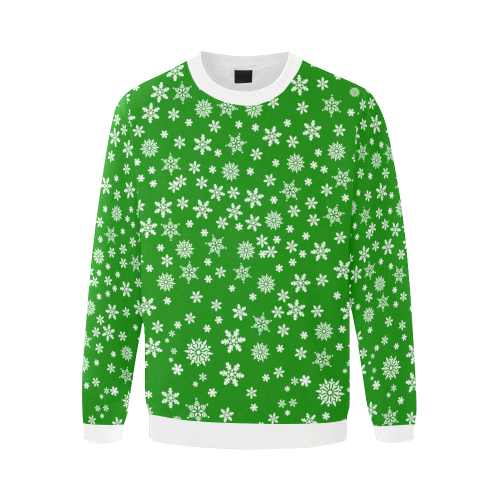 Christmas White Snowflakes on Green Men's Oversized Fleece Crew Sweatshirt (Model H18)