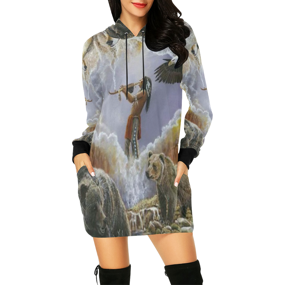 One With Nature Peace Pipe All Over Print Hoodie Mini Dress (Model H27)