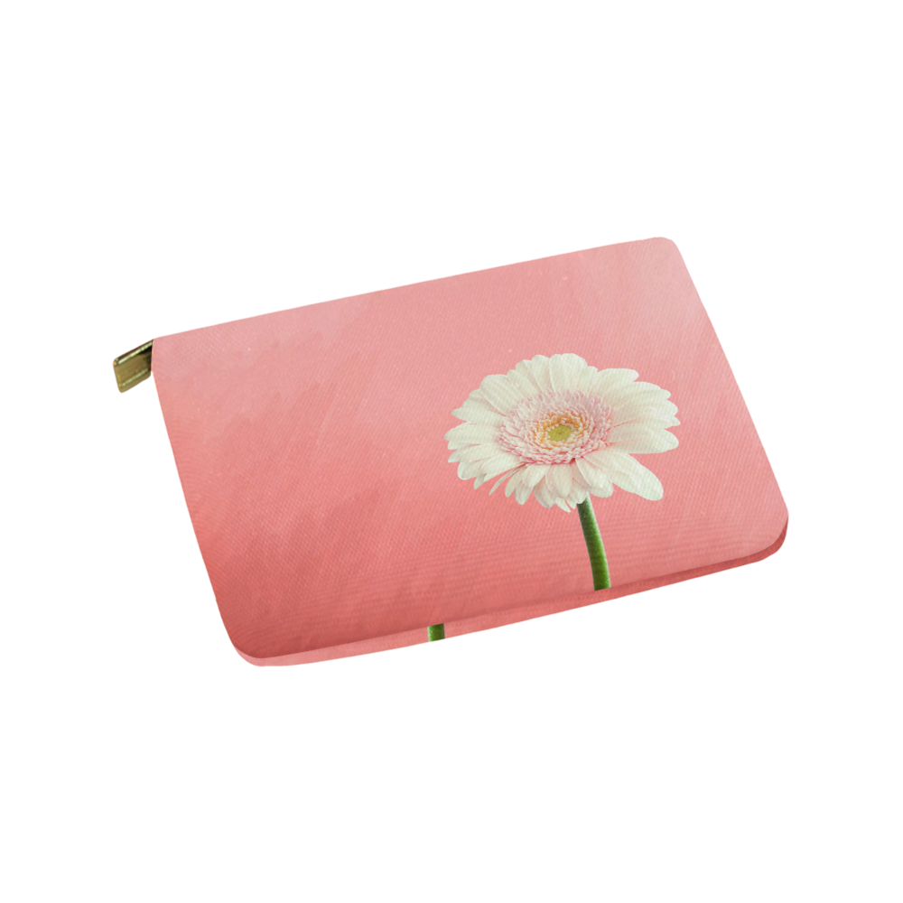 Gerbera Daisy - White Flower on Coral Pink Carry-All Pouch 9.5''x6''