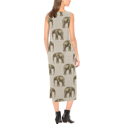 Linen Elephant Animal Print Phaedra Sleeveless Open Fork Long Dress (Model D08)