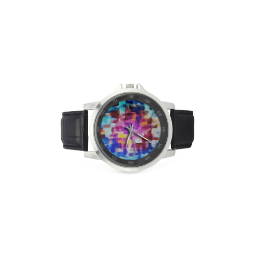 Blue pink watercolors Unisex Stainless Steel Leather Strap Watch(Model 202)