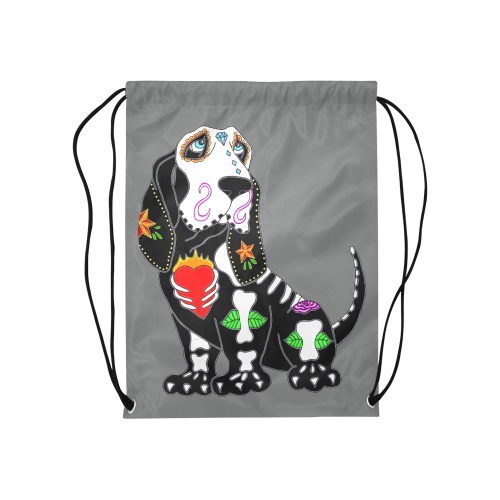 Basset Hound Sugar Skull Dark Grey Medium Drawstring Bag Model 1604 (Twin Sides) 13.8"(W) * 18.1"(H)