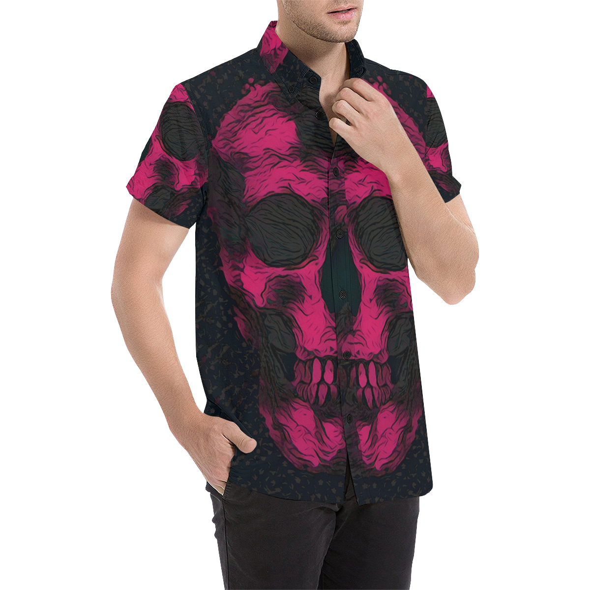 SKULL PINK ON BLACK ABSTRACT Men's All Over Print Short Sleeve Shirt (Model T53)
