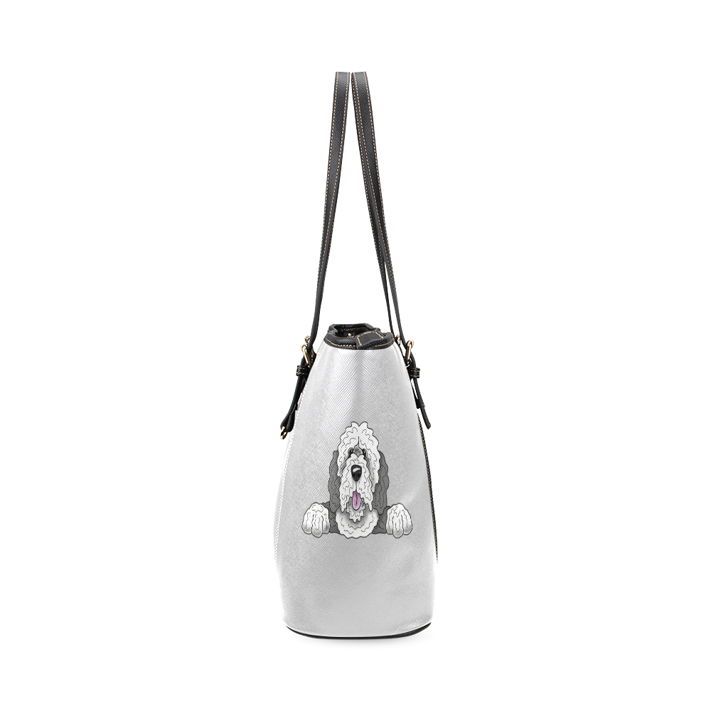 Sheepie Doodle grey & white- light grey Leather Tote Bag/Large (Model 1640)
