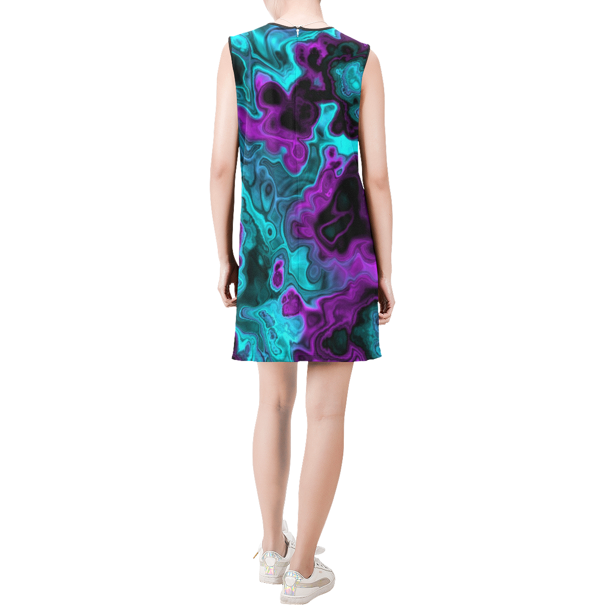 awesome fractal 34 Sleeveless Round Neck Shift Dress (Model D51)
