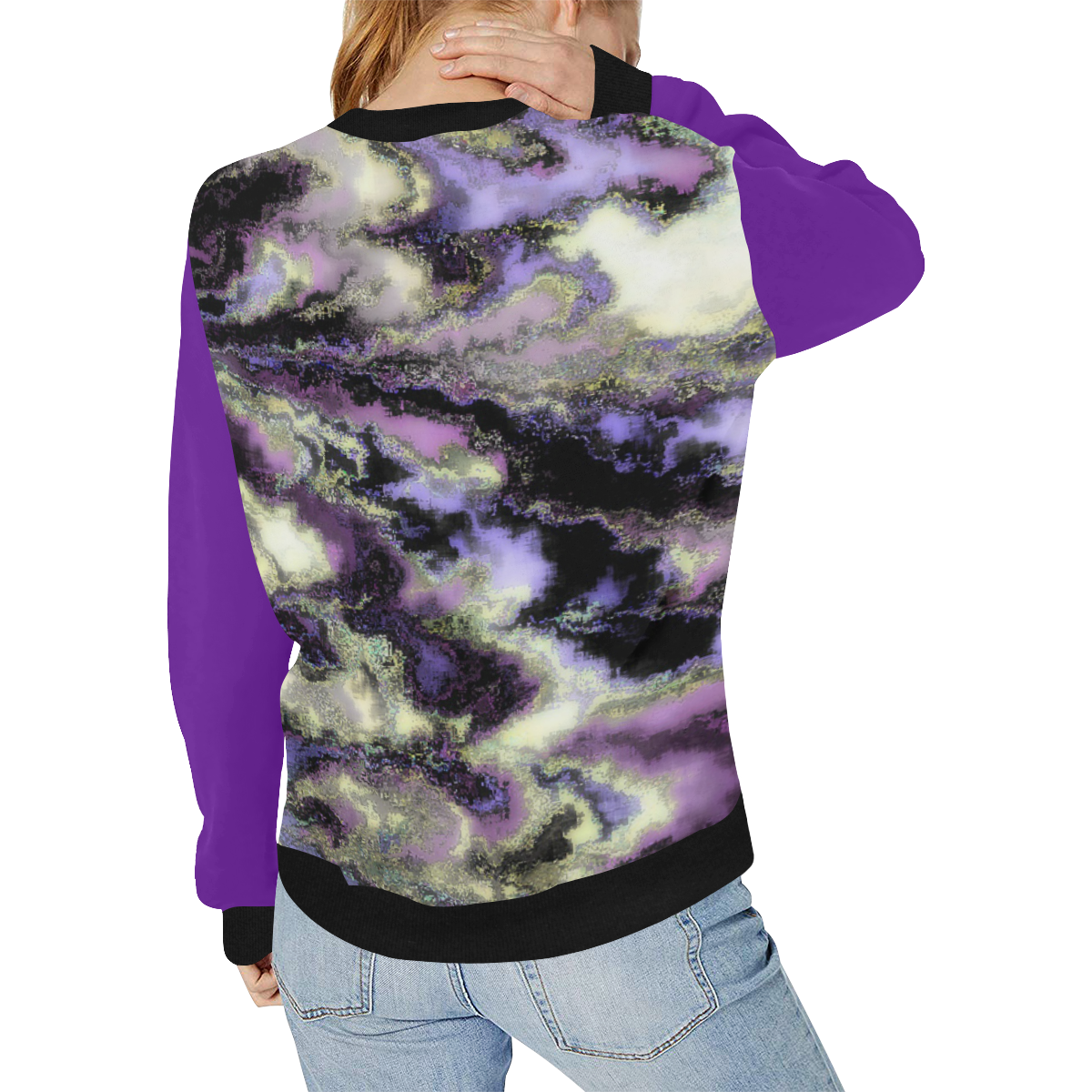 Purple marble Women's Rib Cuff Crew Neck Sweatshirt (Model H34)