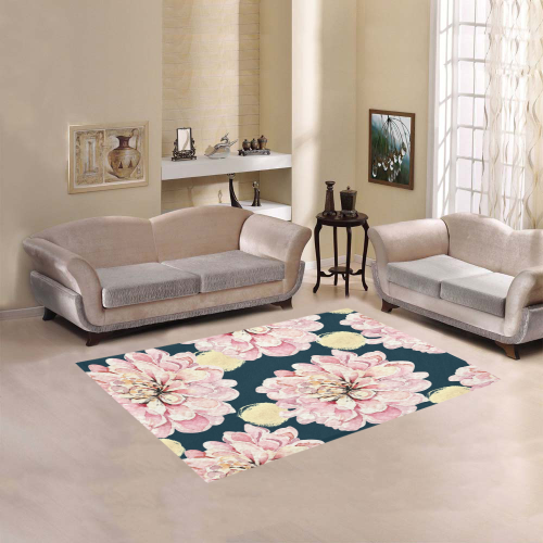 Watercolor Flowers Pink Teal Yellow Area Rug 5'3''x4'