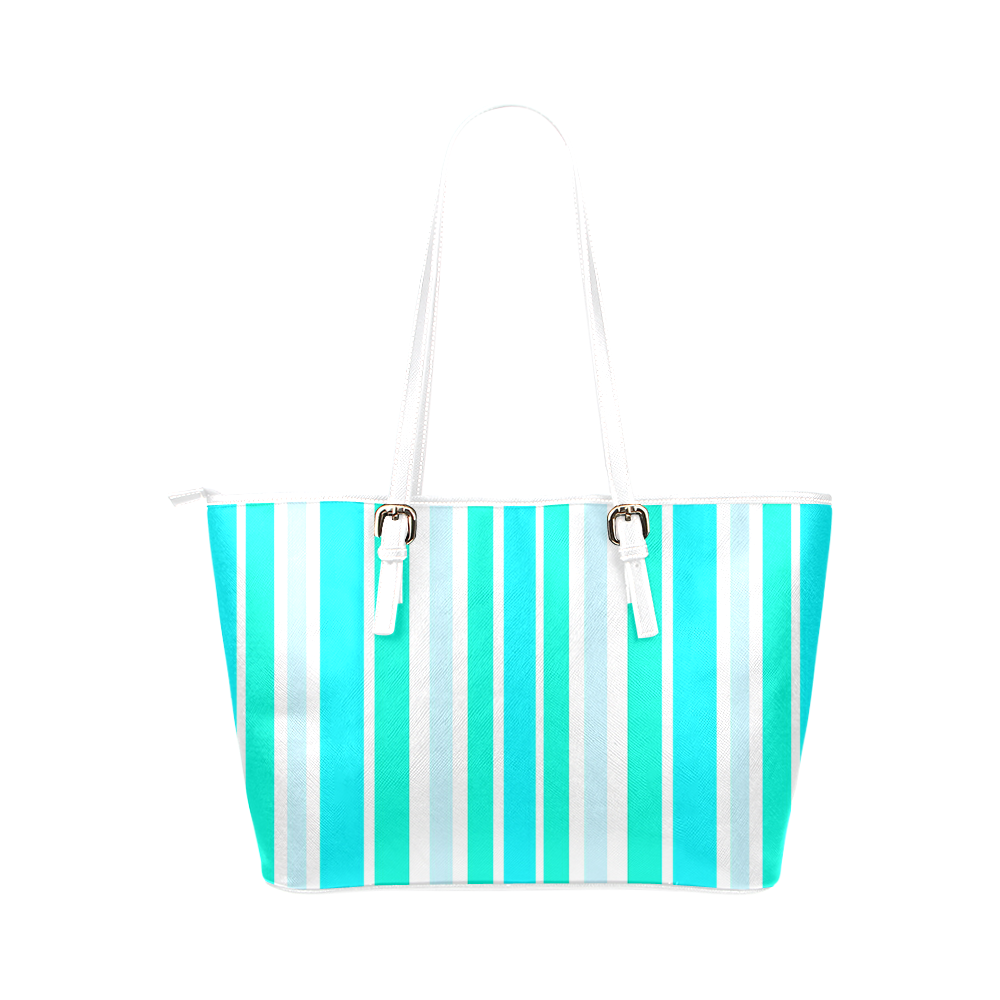 Turquoise Green Stripes Leather Tote Bag/Small (Model 1651)