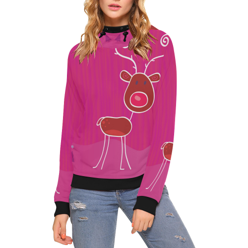 Cute hoodie pink with Deer High Neck Pullover Hoodie for Women (Model H24)