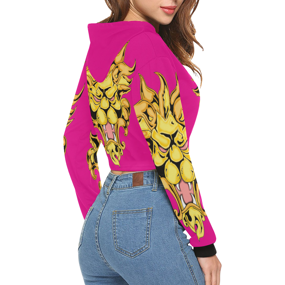 Gold Metallic Lion Pink All Over Print Crop Hoodie for Women (Model H22)