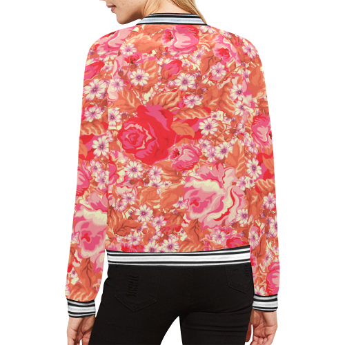 red flower pattern All Over Print Bomber Jacket for Women (Model H21)