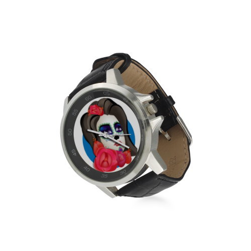 Hand Drawn Day of the Dead Unisex Stainless Steel Leather Strap Watch(Model 202)
