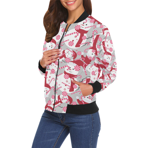Candy Cane Santa Christmas Party GREY All Over Print Bomber Jacket for Women (Model H19)