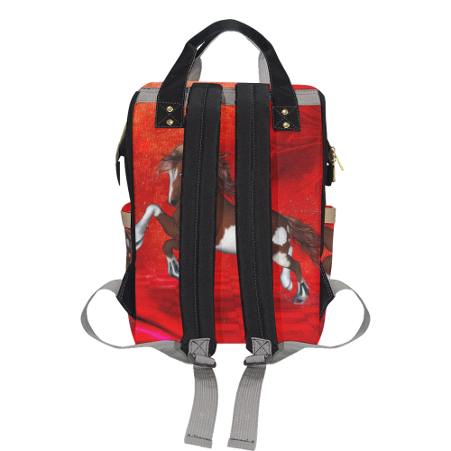 Wild horse on red background Multi-Function Diaper Backpack/Diaper Bag (Model 1688)