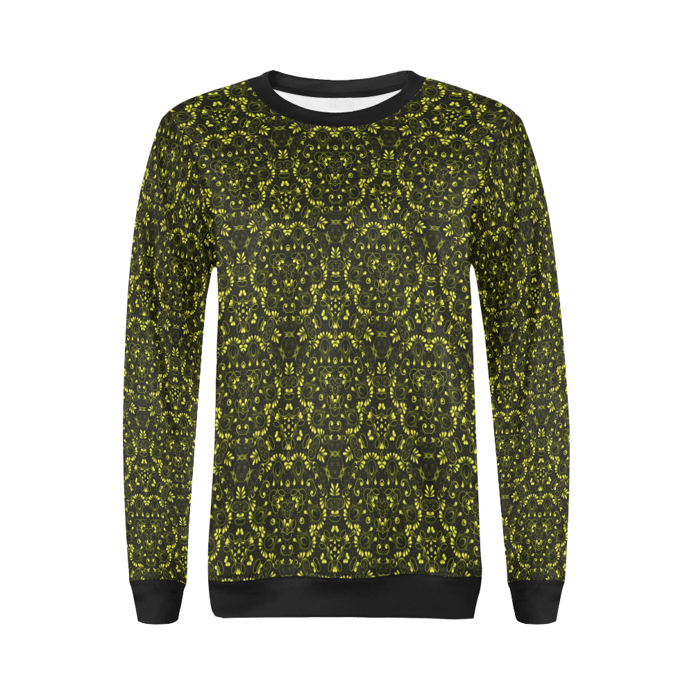 Green vintage pattern on a black background All Over Print Crewneck Sweatshirt for Women (Model H18)