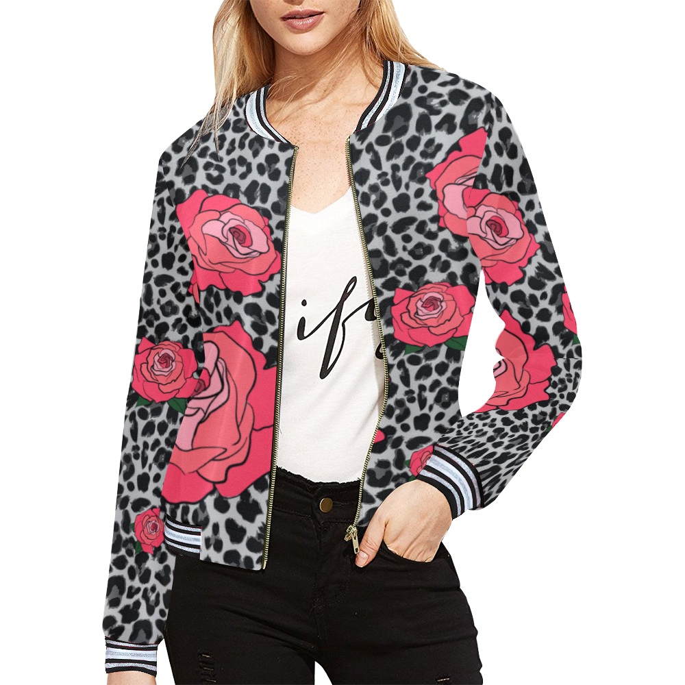 Leopard Rose All Over Print Bomber Jacket for Women (Model H21)