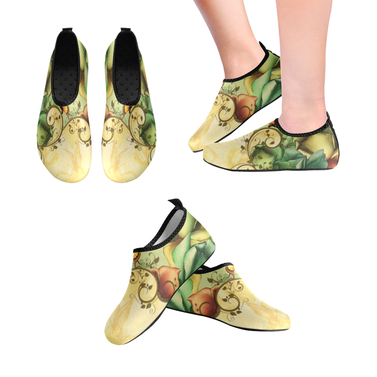 Colorful flowers with butterflies Women's Slip-On Water Shoes (Model 056)