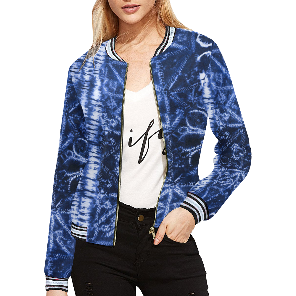 Blue Shibori Abstract All Over Print Bomber Jacket for Women (Model H21)