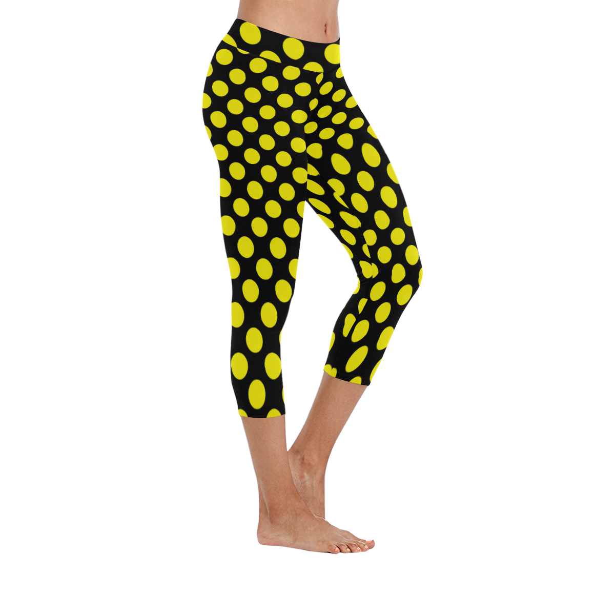 Yellow Polka Dots on Black Women's Low Rise Capri Leggings (Invisible Stitch) (Model L08)