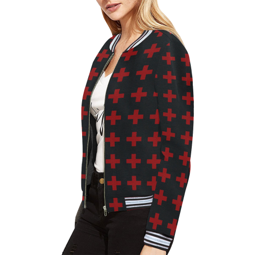 Punk Rock Style Red Crosses Pattern Design All Over Print Bomber Jacket for Women (Model H21)