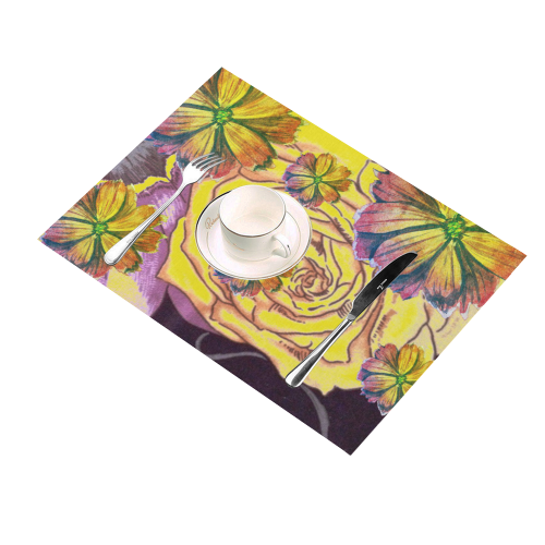 Watercolor Flowers Yellow Purple Green Placemat 14’’ x 19’’ (Set of 6)