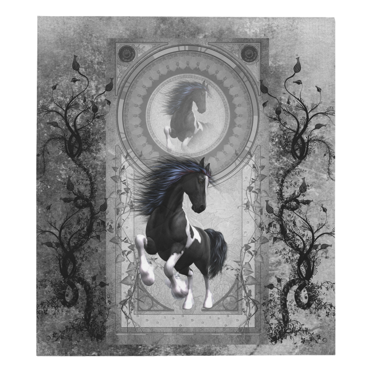 Awesome horse in black and white with flowers Quilt 70"x80"