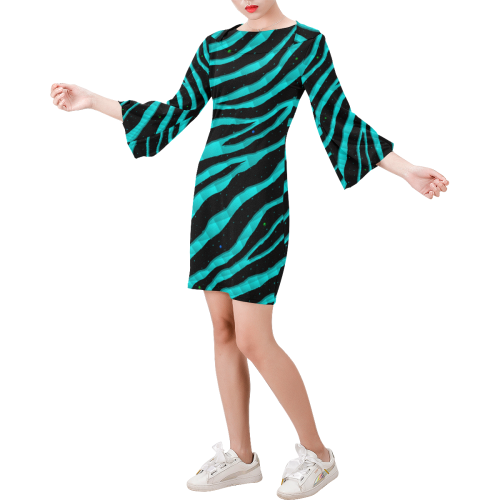 Ripped SpaceTime Stripes - Cyan Bell Sleeve Dress (Model D52)