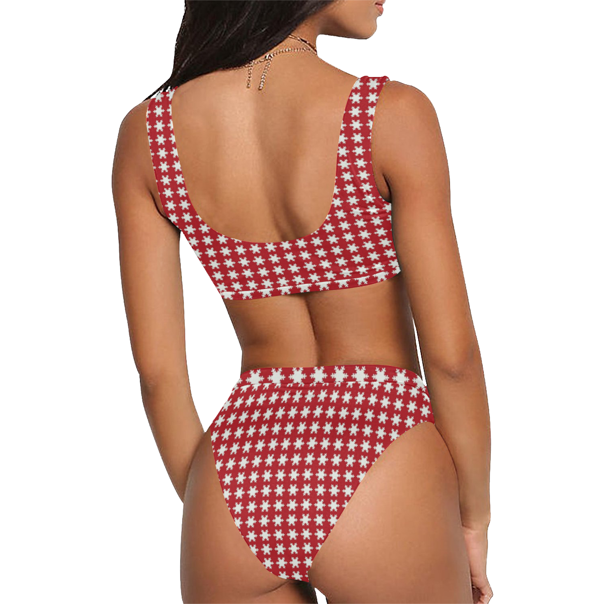 Red White Stars Sport Top & High-Waisted Bikini Swimsuit (Model S07)