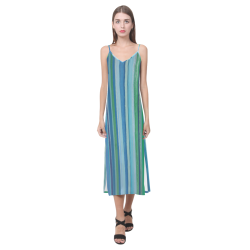 painted stripe V-Neck Open Fork Long Dress(Model D18)