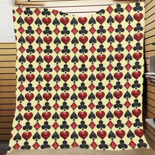 Las Vegas Black and Red Casino Poker Card Shapes on Yellow Quilt 70"x80"
