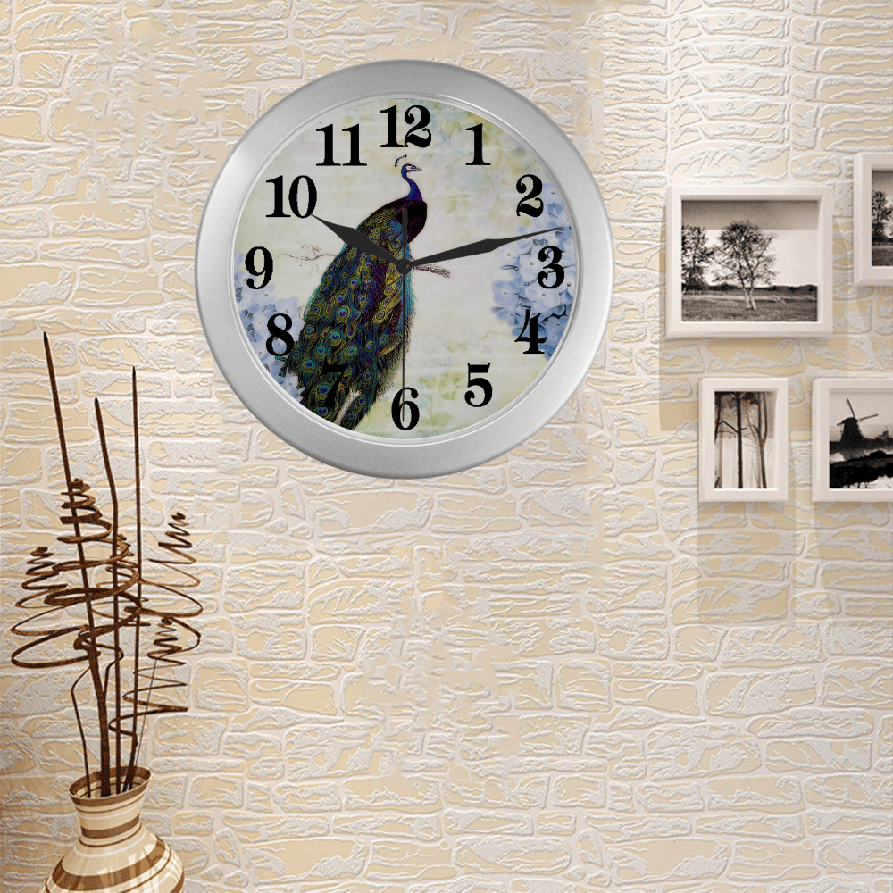 Peacock and hydrangea Silver Color Wall Clock