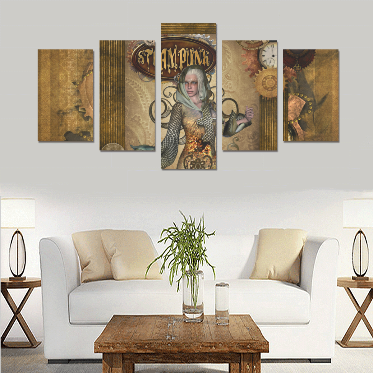 Steampunk lady with owl Canvas Print Sets C (No Frame)