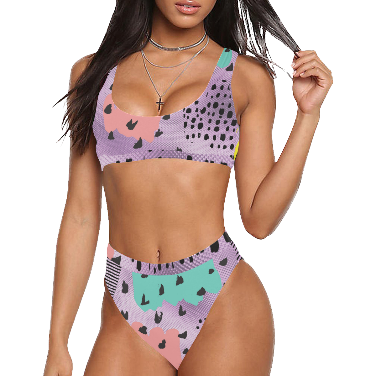 dot pattern Sport Top & High-Waisted Bikini Swimsuit (Model S07)